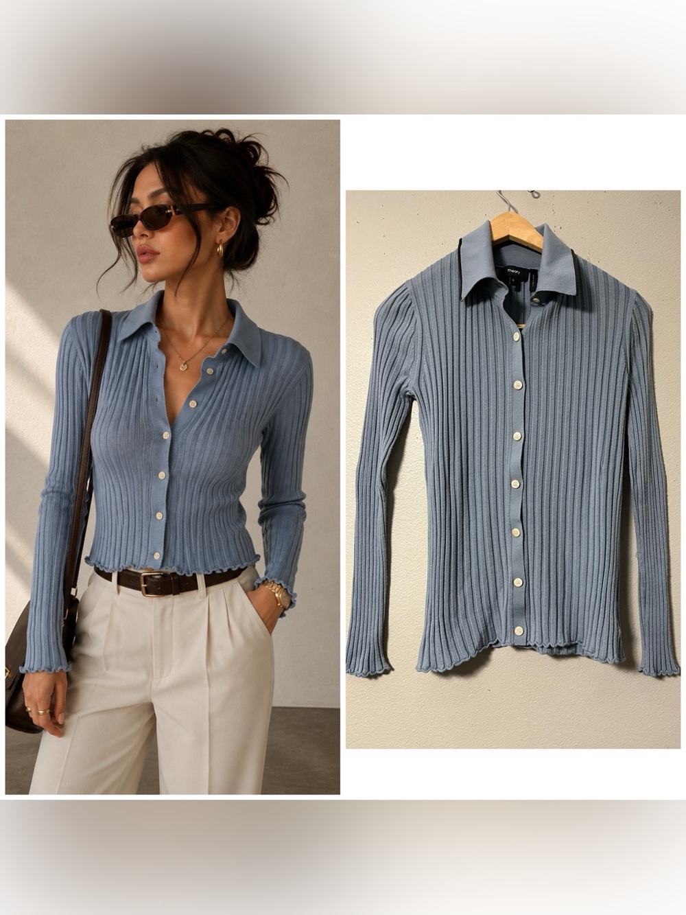 Theory Ribbed Polo Sweater Womens Small Blue Long Sleeve Wool Knit Top  Preppy